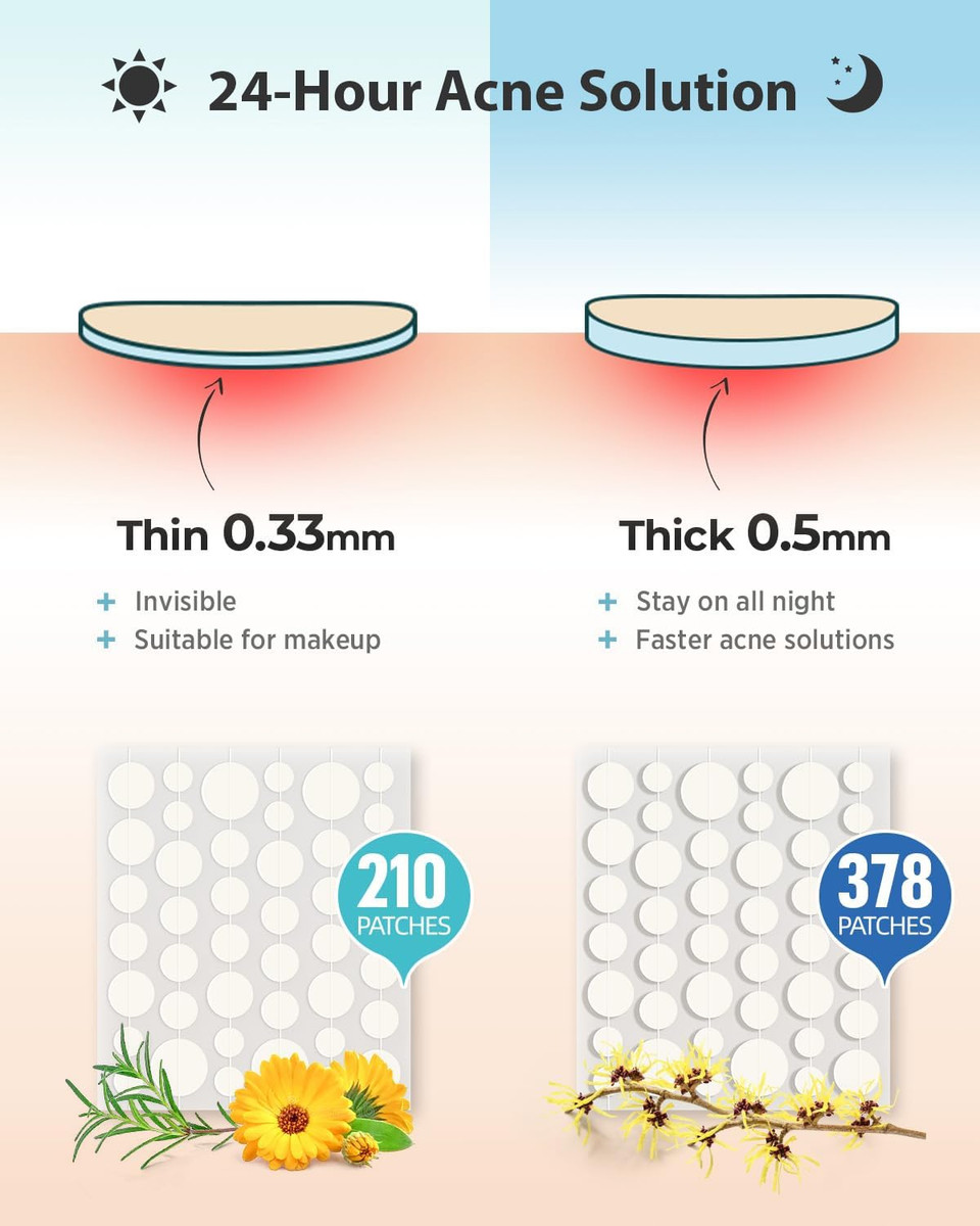 Litbear Acne Pimple Patches- Day And Night 4 Sizes 360 Dots Thin & Thick Hydrocolloid Patches With Witch Hazel, Tea Tree & Calendula Oil, Extra Adhesion Pimple Patches For Face Zit Patch Acne Dots