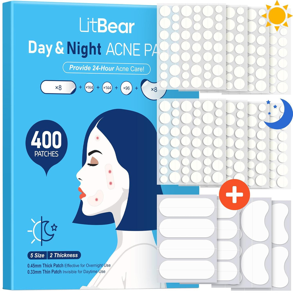 Litbear Pimple Patches For Face, 600 Counts Day And Night Acne Patches, Hydrocolloid Patches For Covering Zit And Blemishes, Large Breakouts, 5 Sizes Thin & Thick Spot Dots Stickers For Chin, Forehead