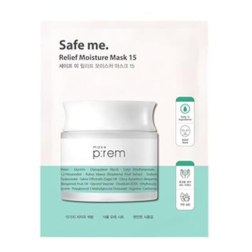 Make P:Rem Safe Me. Relief Moisture Mask 15, Hydrating Sheet Mask With Natural Ingredients, Enriched With Hyaluronic Acid For Comfort And Glow, Korean Skin Care, 0.84 Fl.Oz. (25Ml) X 10Ea