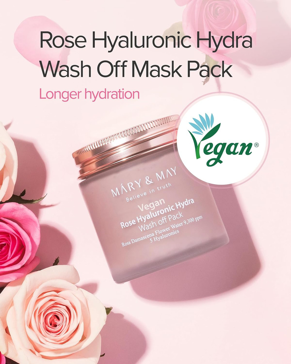Mary&May Vegan Rose Hyaluronic Hydra Wash Off Mask - Rose Petal And Damask Rose Water Cream Mask For Moisturizing, Exfoliation, And Blackhead Removal - Korean Skincare, 10.1Oz