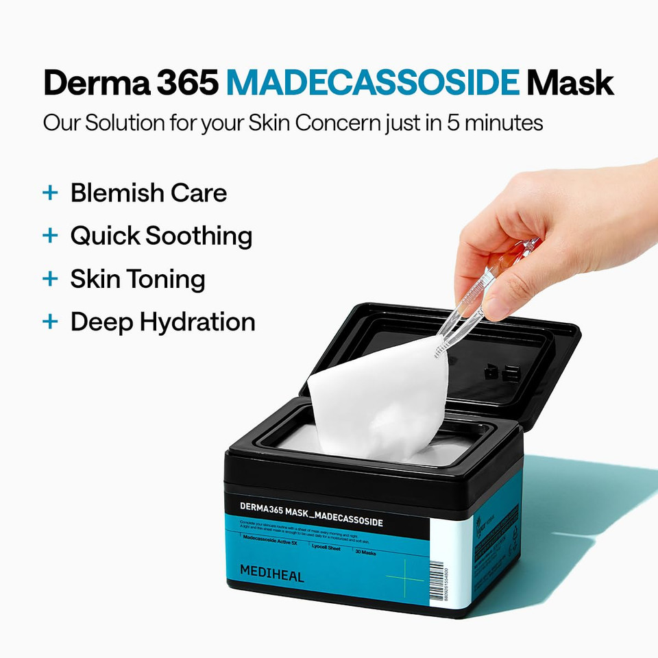 Mediheal Derma 365 Madecassoside Mask (30 Masks) - Daily Skin Care Mask For Deeply Comforting And Calming Skin With Madecassoside