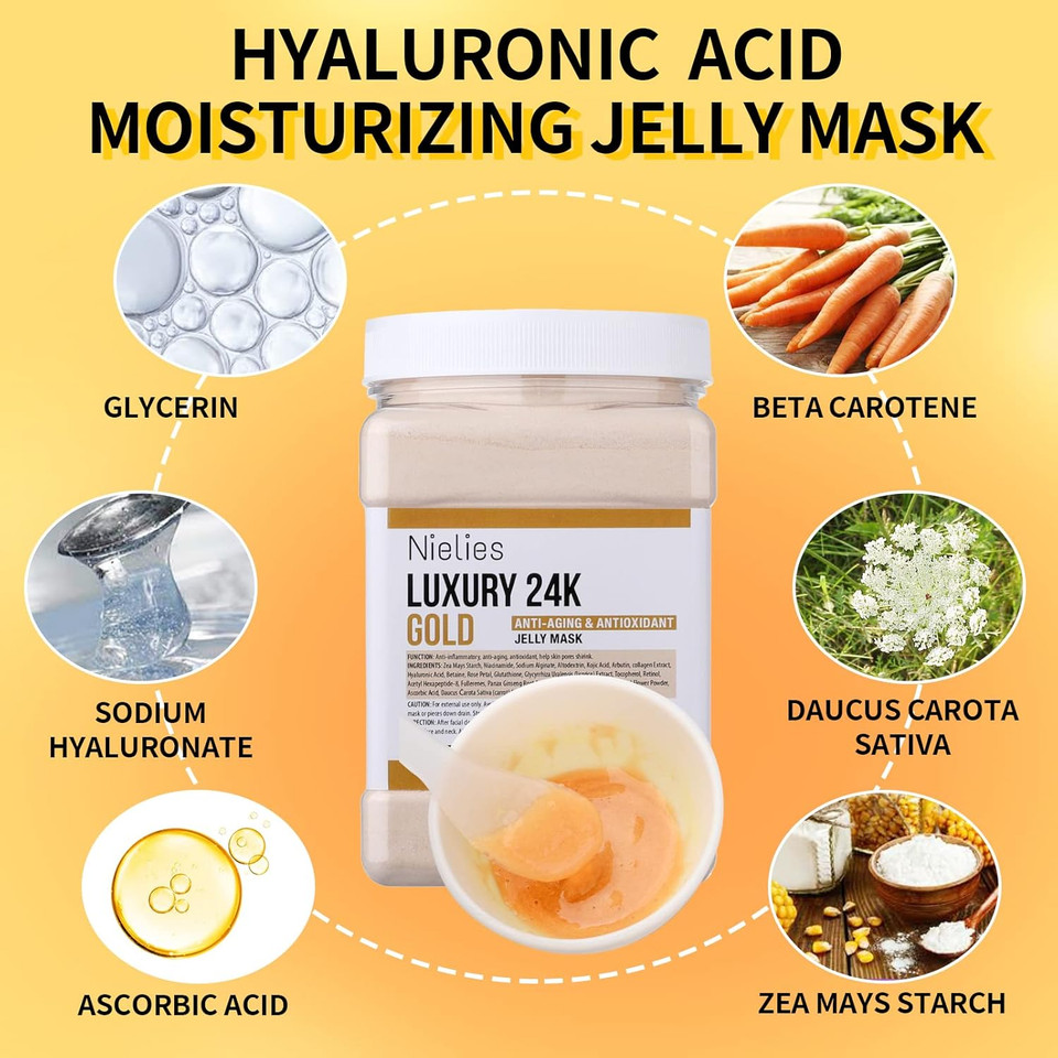 24K Gold & Hyaluronic Acid Jelly Mask, Facial Skin Care- Collagen Peel-Off Jelly Mask Set, For Facials, Face Mask For Instant Hydration, Vegan Peel Off Face Mask, For Hydration