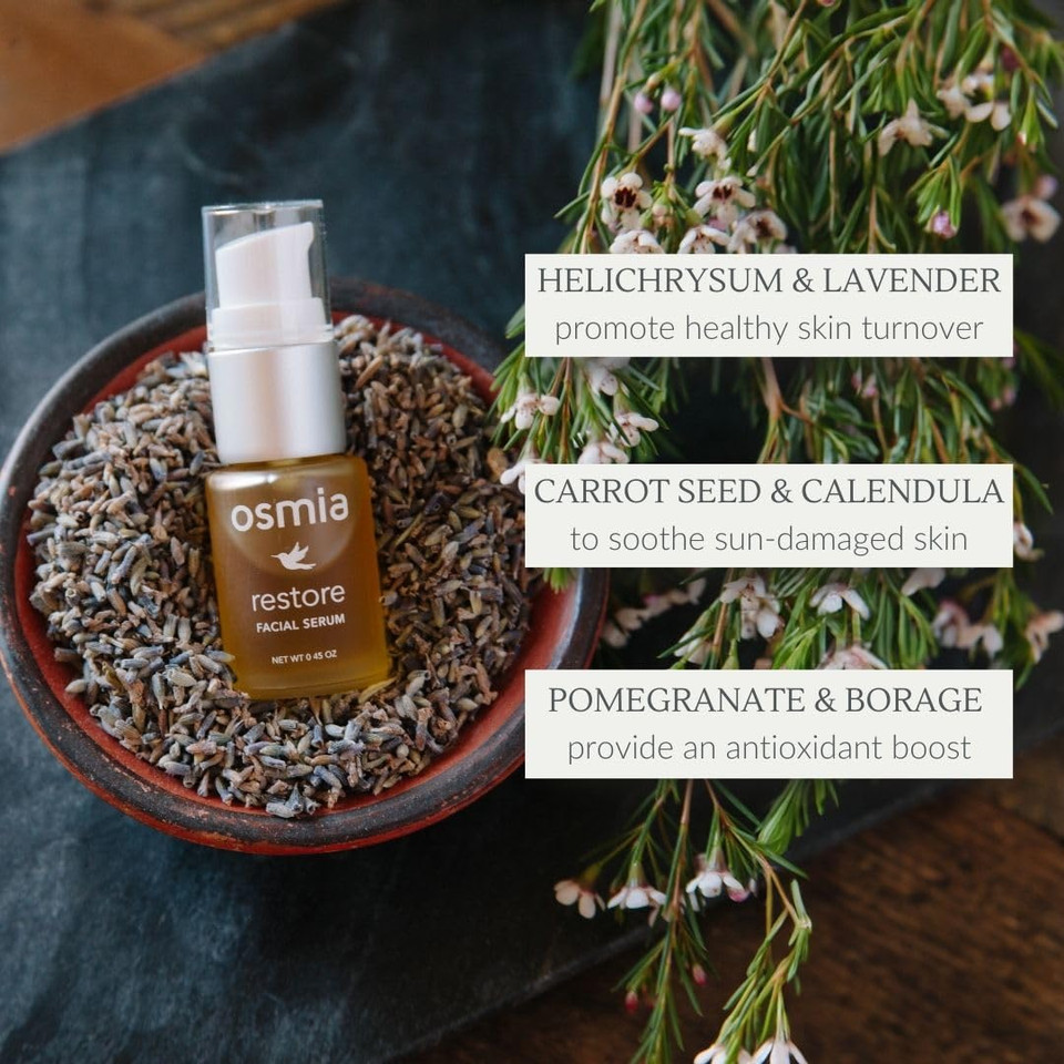 Osmia Skincare - Natural Restore Facial Serum | Lavender, Carrot Seed, Jojoba, Borage, + Pomegranate Oils | Moisturize, Boost, Nourish | Clean Beauty For Healthy Skin (0.45 Fl Oz | 13.3 Ml)