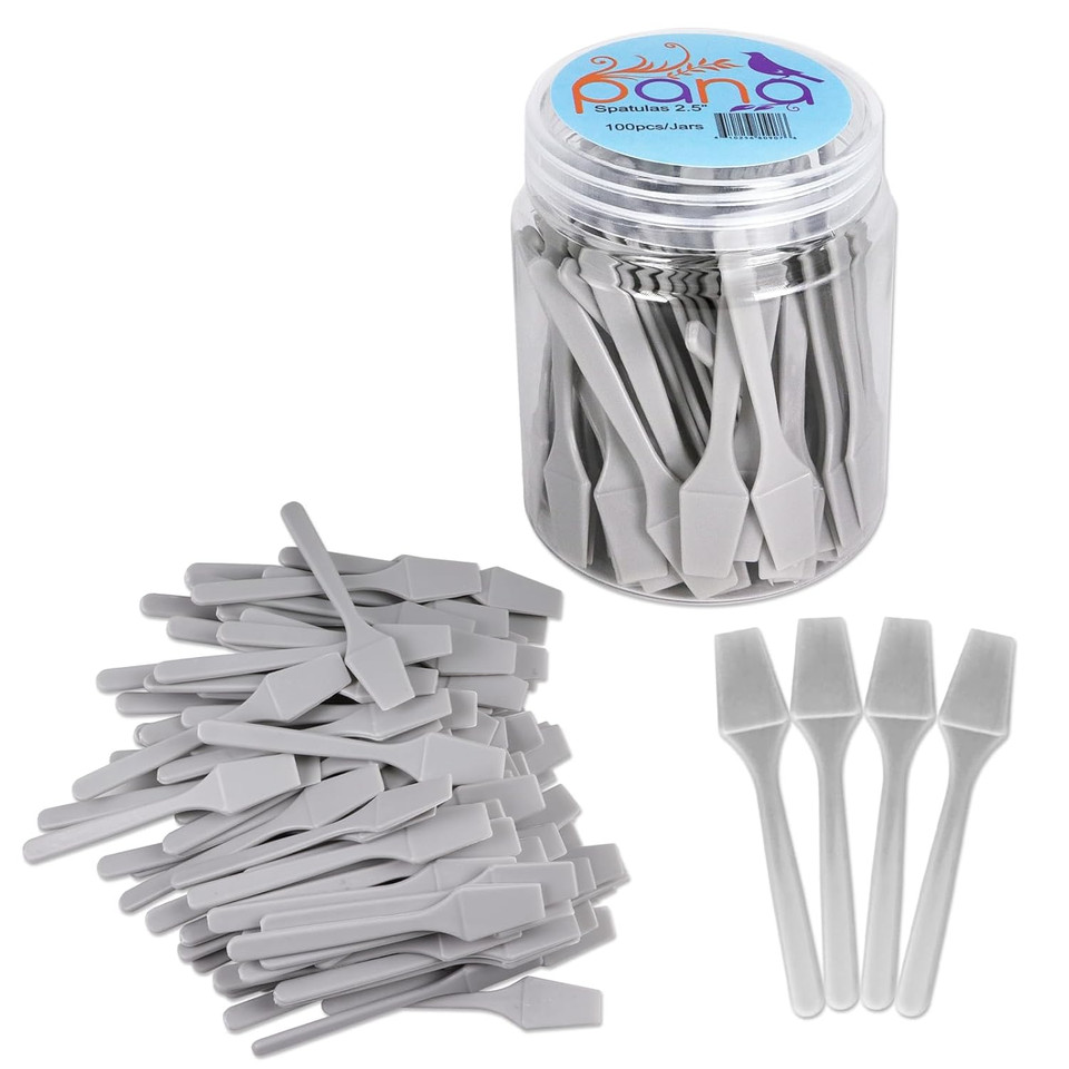 Pana 100Pcs Brand Cosmetic Make Up Disposable Plastic 2.5" Spatulas Skin Care Facial Cream Mask Spatula (100 Pieces In A Container) (Gray)