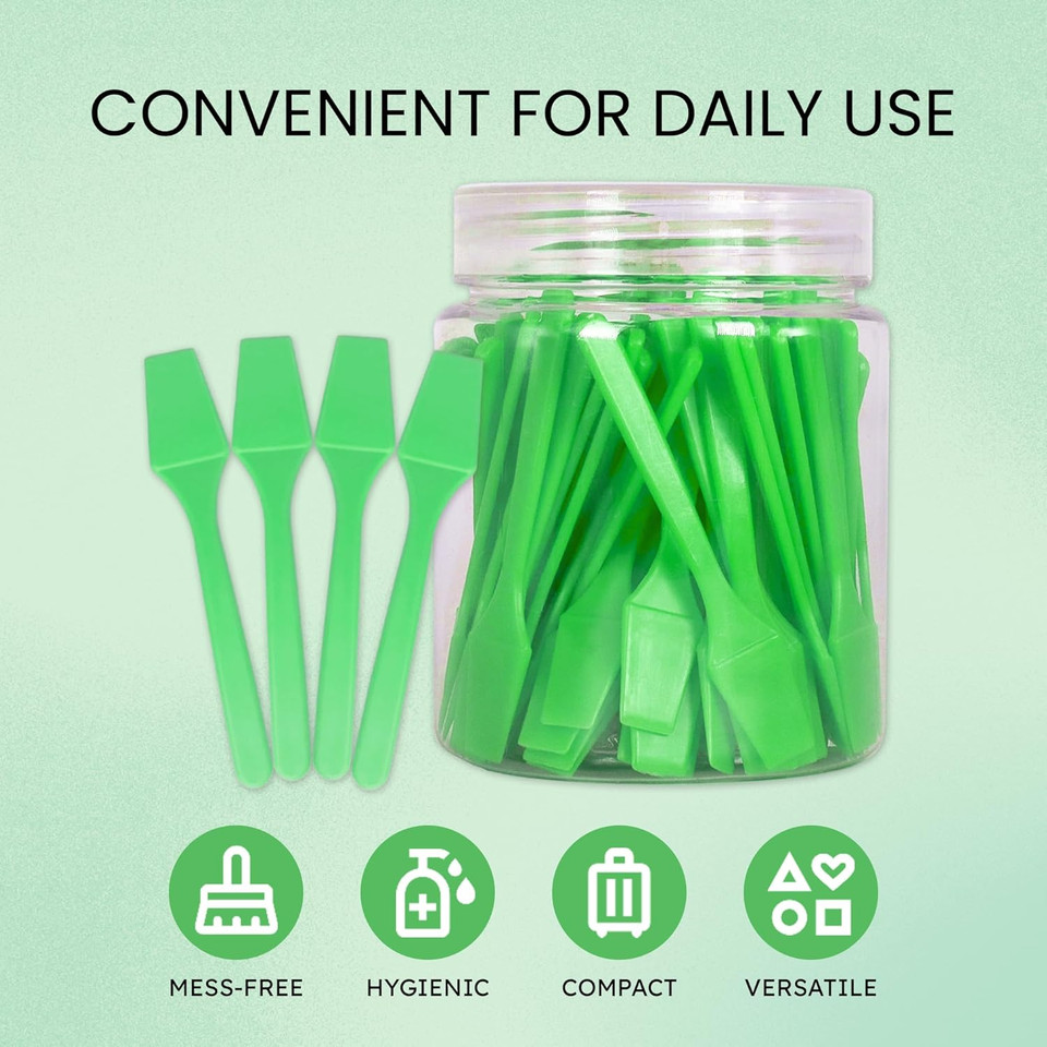 Pana 100Pcs Brand Cosmetic Make Up Disposable Plastic 2.5" Spatulas Skin Care Facial Cream Mask Spatula (100 Pieces In A Container) (Purple)