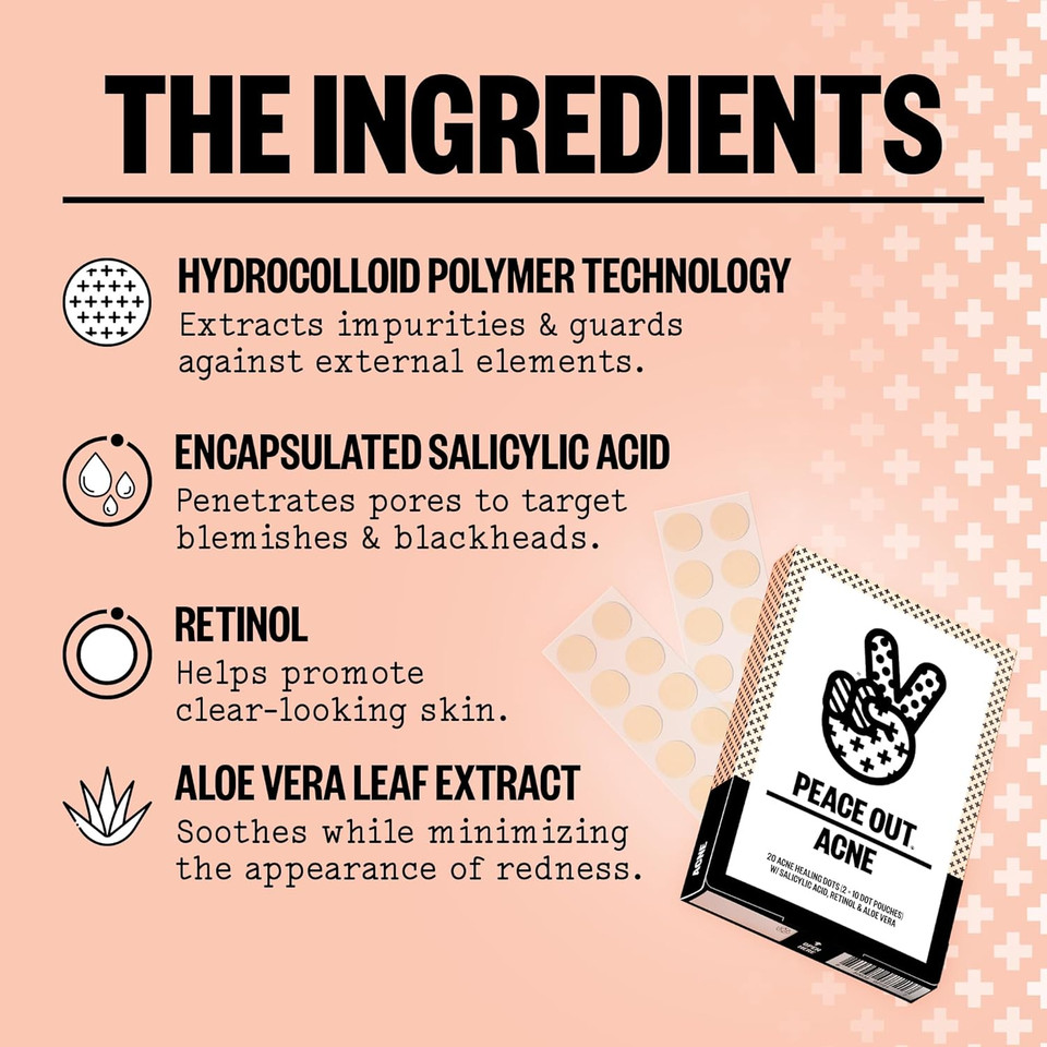 Peace Out Acne Healing Dots Helps Clear Blemishes Overnight, Fast Acting Hydrocolloid Pimple Patches For Breakouts With Salicylic Acid, Retinol And Aloe Vera, Award Winning Skincare Solution 10 Count