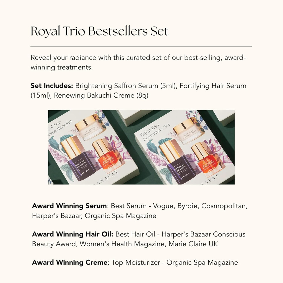 Ranavat Royal Trio Travel Size Gift Set - Brightening Saffron Face Serum, Renewing Bakuchi Face Cream & Fortifying Hair Serum (3 Count)