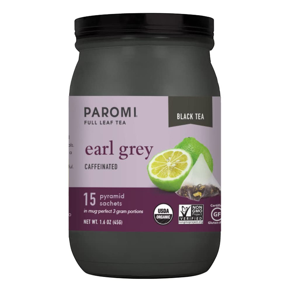 Paromi Earl Grey Organic Black Tea, Signature Jar, 15 Count