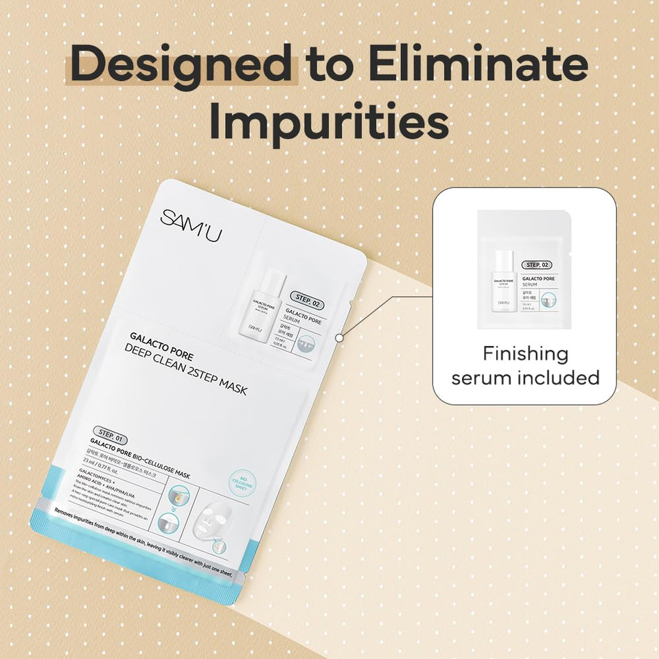 Sam'U Galacto Pore Two Step Mask Pore Cleansing & Hydrating Korean Face Mask, Aha/Bha/Pha + Lha Exfoliating Formula With Amino Acids & Centella Asiatica For Korean Glass Skin (4 Sheets)