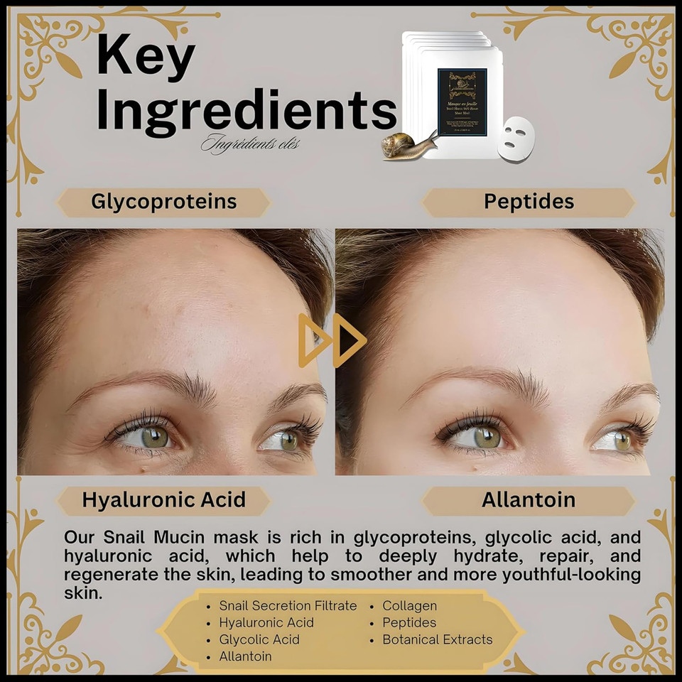 Snail Mucin Sheet Mask | Renewal Elixir Face Masks Skincare | 96% Power Snail Essence Serum For Skin Repair & Hydration | Treats Uva/Uvb Photo-Aged Skin | Not Tested On Animals | Korean Skin Care