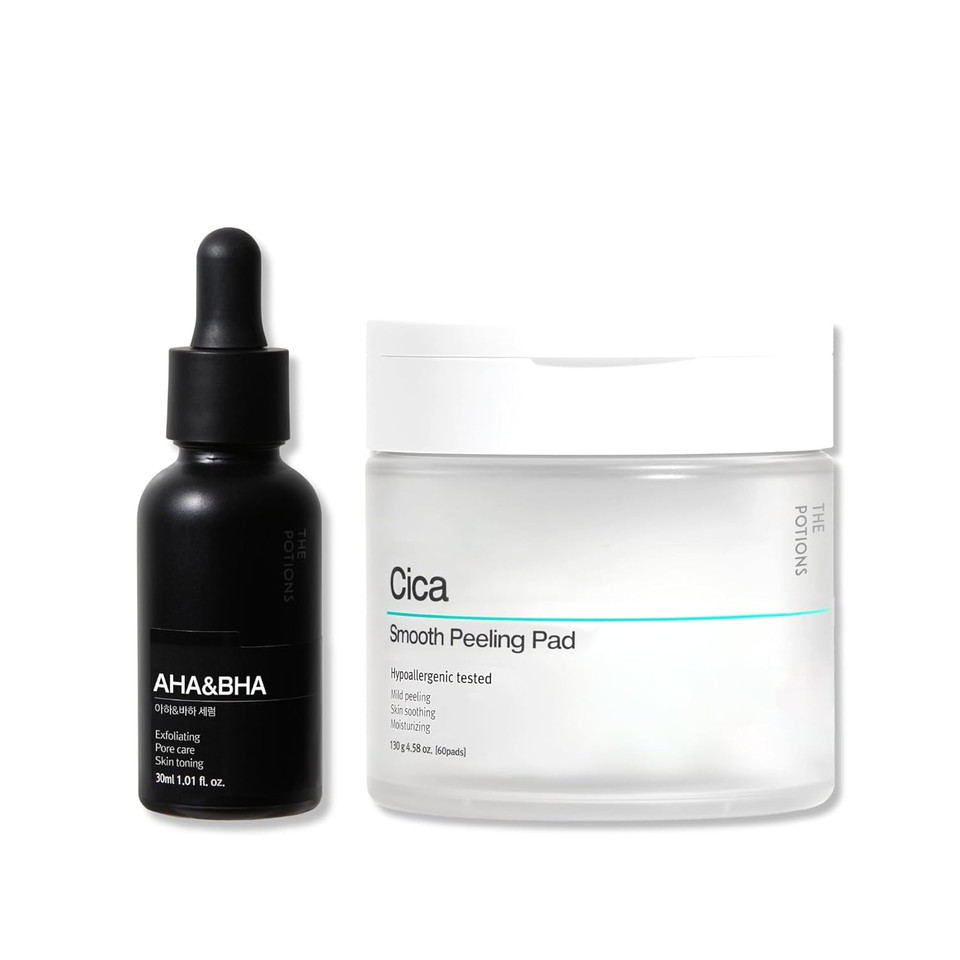 The Potions Clear Pore Duo  Aha Bha Exfoliating Serum & Cica Peeling Pad Set, Korean Skincare For Smooth Texture And Pore Care, Gentle And Hydrating