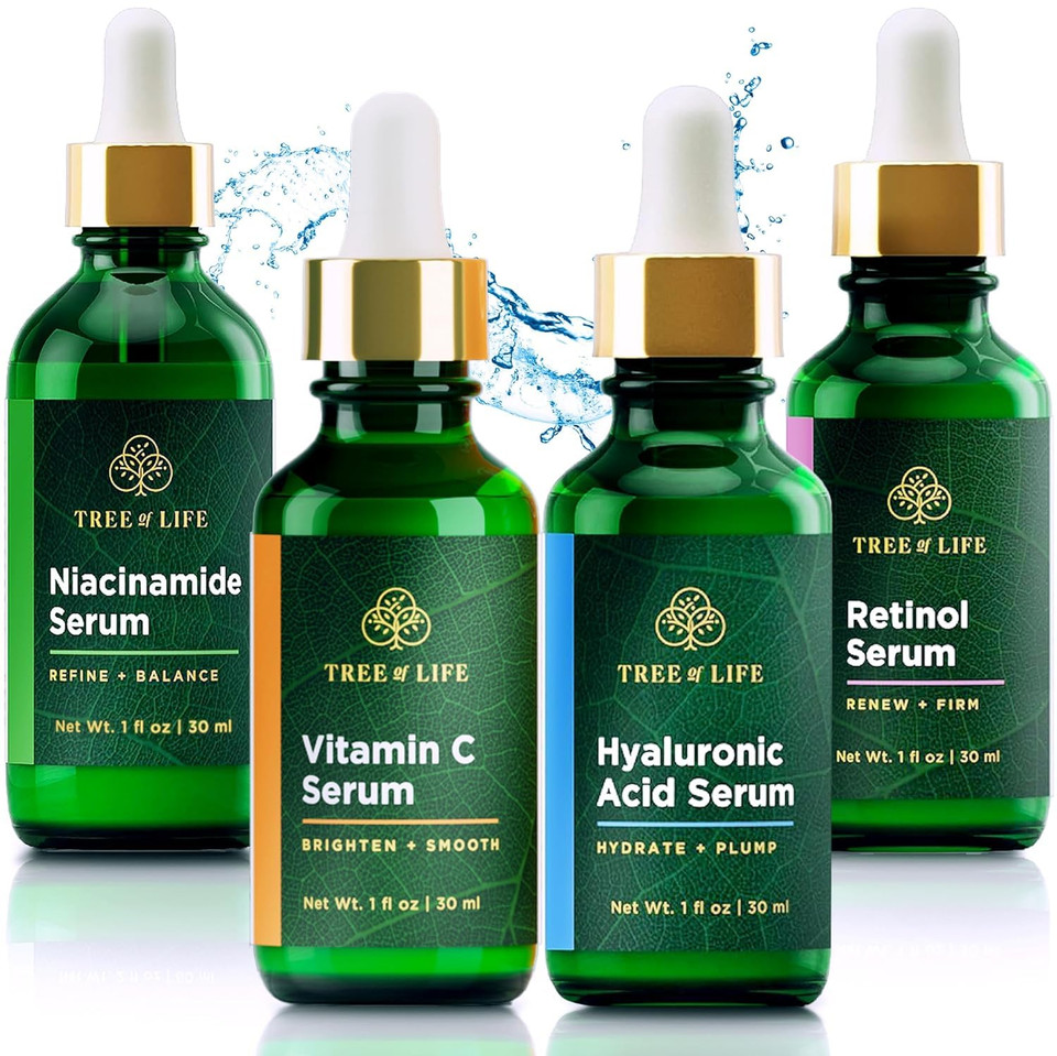 Tree Of Life Beauty Facial Skin Care Set, Brightening, Firming, Hydrating, Dry Face, Dermatologist Tested - Niacinamide + Vitamin C + Retinol + Hyaluronic Acid Serum - 4 Count Of 1 Fl Oz