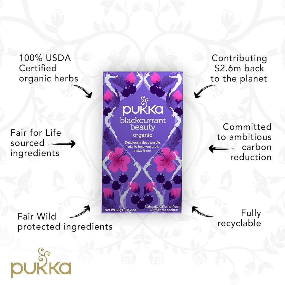 Pukka Organic Blackcurrant Beauty Herbal Tea Bags With Hibiscus And Rosehip Perfect For Inner Glow, 20 Count (Pack Of 6) 120 Tea Bags