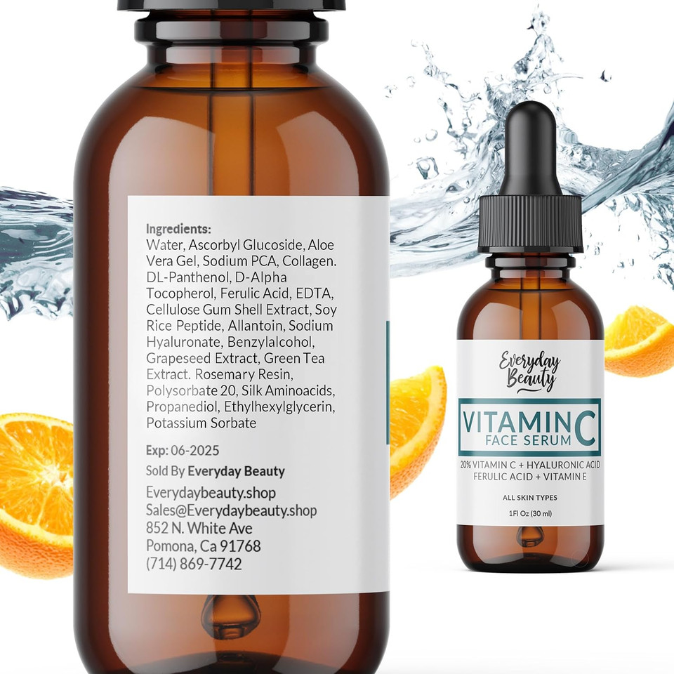 Vitamin C Serum For Face - Anti-Aging Skin Brightening Serum With 20% Vitamin C, Hyaluronic Acid, Vitamin E & Ferulic Acid - 1 Fl Oz