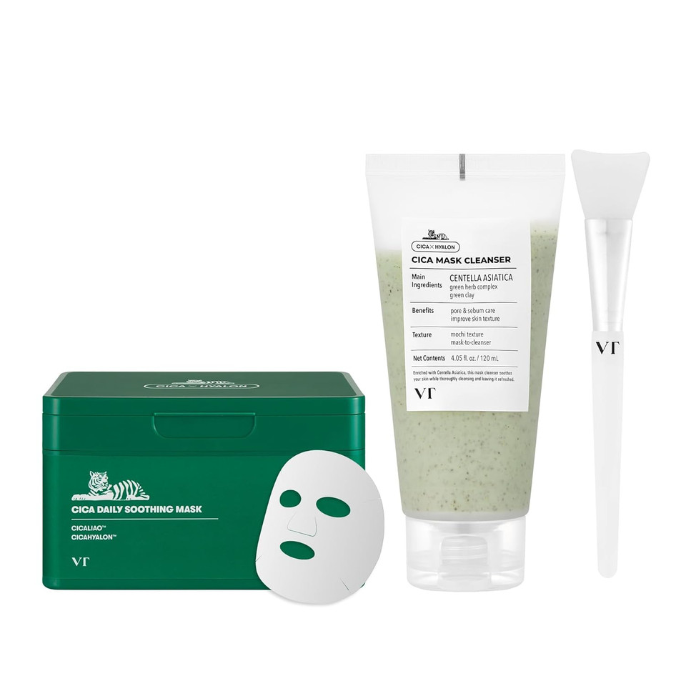 Vt Cosmetics Bundle Cica Daily Soothing Mask & Cica Mask Cleanser With Brush, Centella Asiatica & Hyaluronic Acid For Hydrating, Gentle On Acne-Prone & Sensitive Skin, Korean Skincare Vt Cosmetics Bundle Cica Daily Soothing Mask & Cica Mask Cleanser With Brush, Centella Asiatica & Hyaluronic Acid For Hydrating, Gentle On Acne-Prone & Sensitive Skin, Korean Skincare