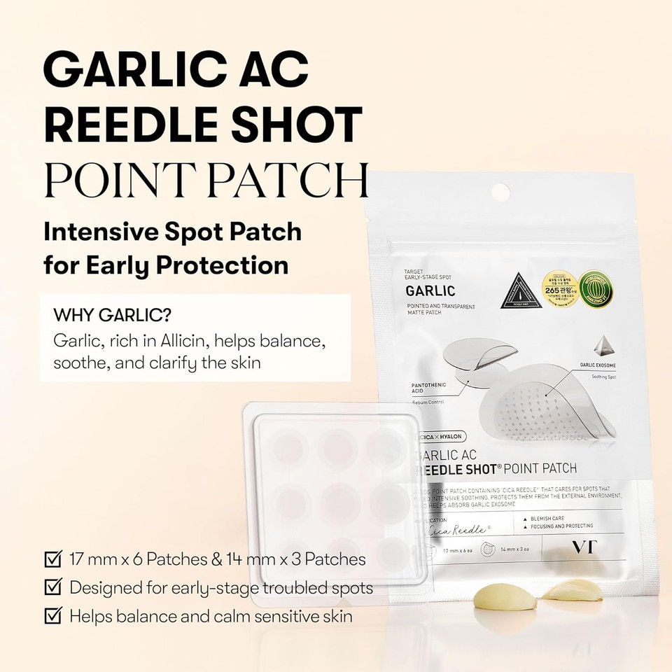 Vt Cosmetics Garlic Ac Reedle Shot Point Patch, Spot Patch For Early-Stage Blemishes (9 Patches)
