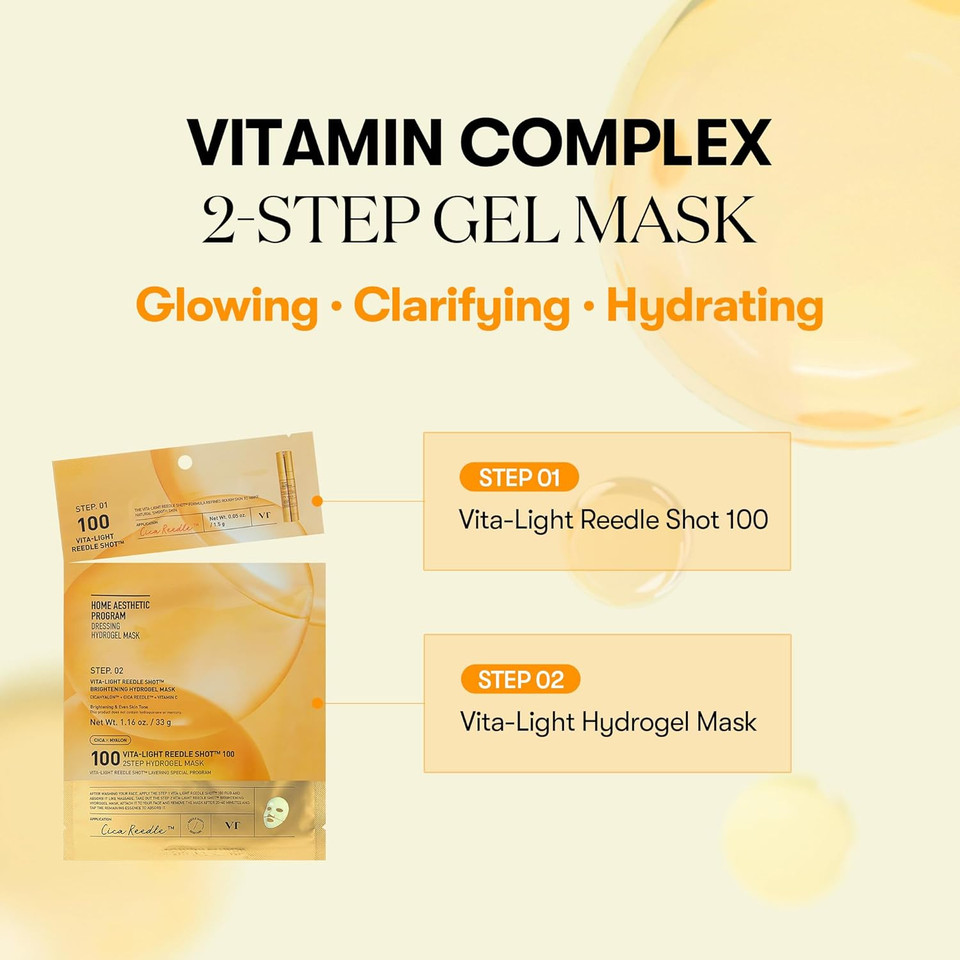 Vt Cosmetics Vita-Light Reedle Shot 100 2-Step Hydrogel Mask(34.5Gx4Ea), Intensive Glowing, Exosome Glutathione Face Mask, Overnight Melting Mask, Korean Facial Mask