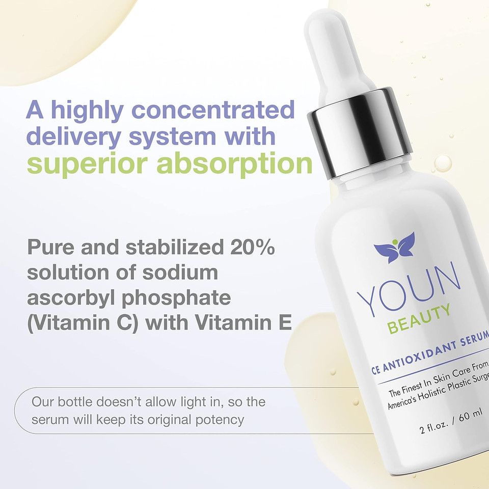 Youn Beauty 20% Vitamin C Face Serum With Hyaluronic Acid, Ferulic Acid & Vitamin E By Holistic Plastic Surgeon Dr. Anthony Youn | Antioxidant Serum For Face For Skin Hydration, 60 Ml