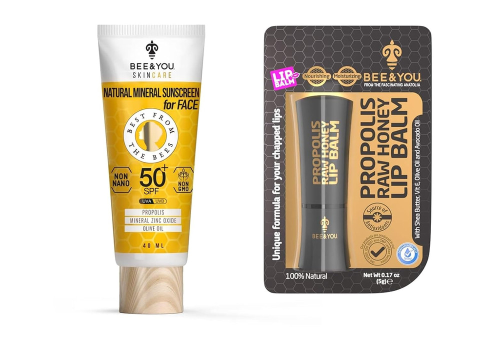 Bee And You Spf 50 Clear Sunscreen And Beeswax Lip Balm, 100% Natural, Propolis Extract, Mineral Based Zinc Oxide, Chapped Lips Treatment Severe, Shea Butter