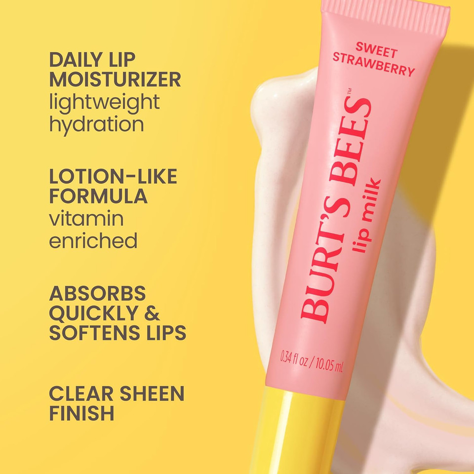 BurtS Bees Lip Milk, Daily Moisturizer For Lips, Sweet Strawberry, Vitamin Enriched Lip Balm With Almond Milk And Jojoba Oil, Hydrating For Softer Lips, 1 Tube, 0.34 Fl Oz