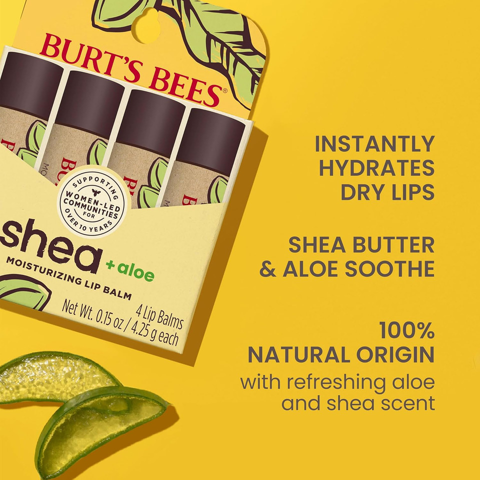 Burt'S Bees Shea And Aloe Moisturizing Lip Balm, Lip Moisturizer With Responsibly Sourced Beeswax, Tint-Free, Natural Origin Conditioning Treatment, 4 Tubes, 0.15 Oz