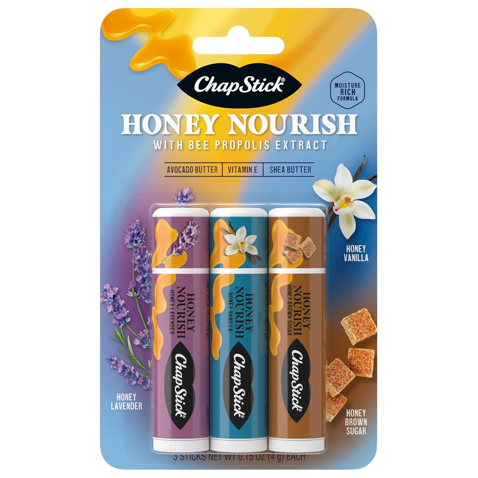 Chapstick Lip Balm Honey Nourish Flavors Honey Lavender, Honey Vanilla, Honey Brown Sugar, 3Ct Bc .45Oz Chapstick Lip Balm Honey Nourish Flavors Honey Lavender, Honey Vanilla, Honey Brown Sugar, 3Ct Bc .45Oz