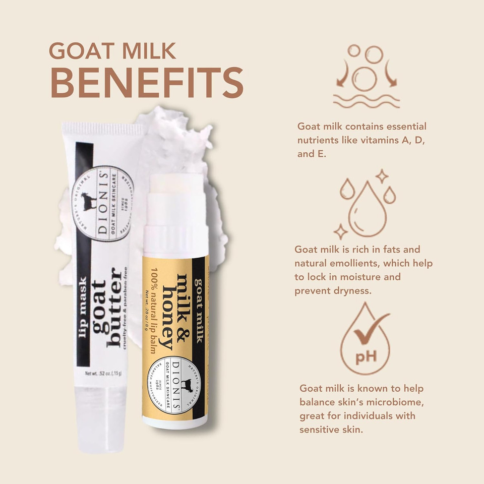 Dionis Goat Butter Overnight Lip Mask & Lip Balm Kit - Goat Milk, Jojoba & Moringa Oils Moisturize & Repair Chapped Lips Overnight While Lip Balm Keeps Moisture Locked In All Day, Milk & Honey