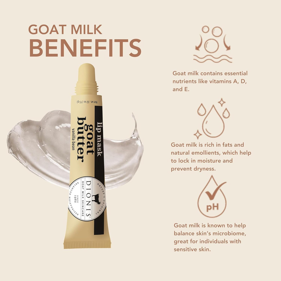 Dionis Goat Milk Vanilla Bean Overnight Butter Lip Mask  Hydrating Lightly Tinted Lips Treatment With Jojoba Oil And Moringa  Clean, Paraben-Free, Cruelty-Free  Made In Usa  0.52 Oz