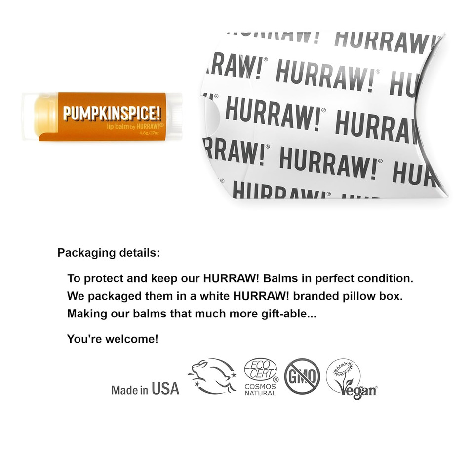 Hurraw! Pumpkin Spice Lip Balm: Organic, Certified Vegan, Cruelty And Gluten Free. Non-Gmo, 100% Natural Ingredients. Bee, Shea, Soy And Palm Free. Made In Usa