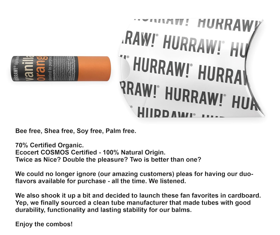 Hurraw! Vanilla & Orange Lip Balm: Plastic-Free With New Cardboard Push-Up Tube. Certified Organic, 100% Natural Origin, Vegan, And Cruelty Free. Gluten Free. Bee, Shea, Soy And Palm Free. Made In Usa