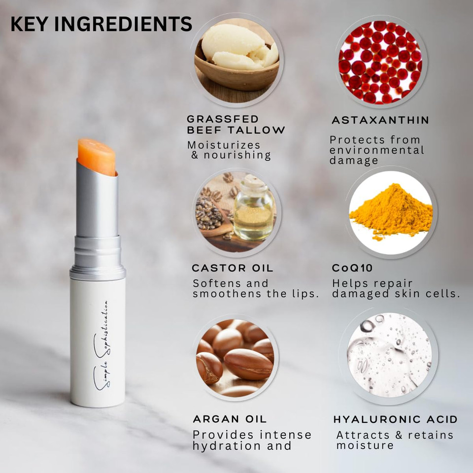 Tallow Lip Balm - Anti-Aging With 100%-Grassfed Beef Tallow, Coq10, Astaxanthin, Hyaluronic Acid - Ultra Moisturizing, Conditioning, All Natural, Organic, Made In Usa (Untinted)