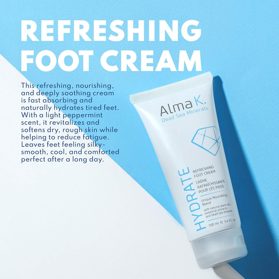 Alma K Refreshing Foot Cream - Rapidly Absorbed Blend With Shea Butter, Peppermint Oil - Foot Cream For Dry Feet - Relaxes Tired, Rough Feet - 3.4 Oz