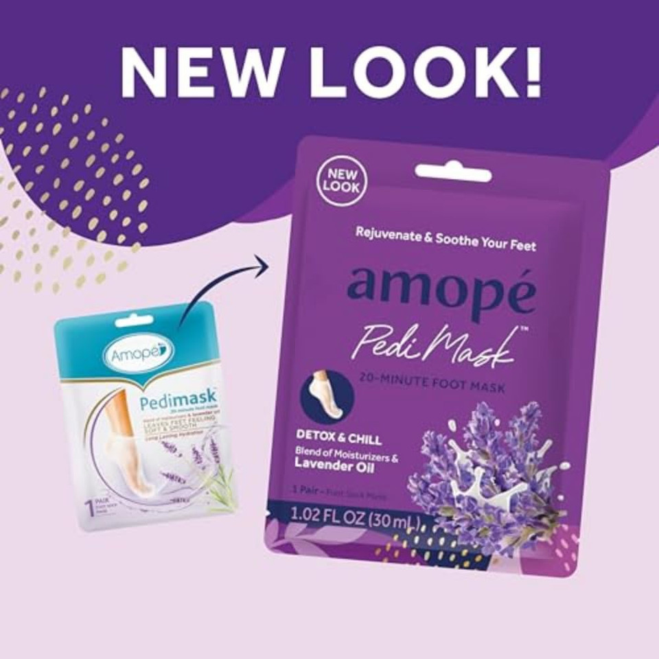 Amopé Pedimask 20-Minute Foot Mask, Intensely Moisturizing Socks, Rejuvenates & Soothes, Self-Care, W/ Lavender Oil, Urea, A Blend Of Moisturizers & Vitamin Complex For Long Lasting Hydration, 3 Pair