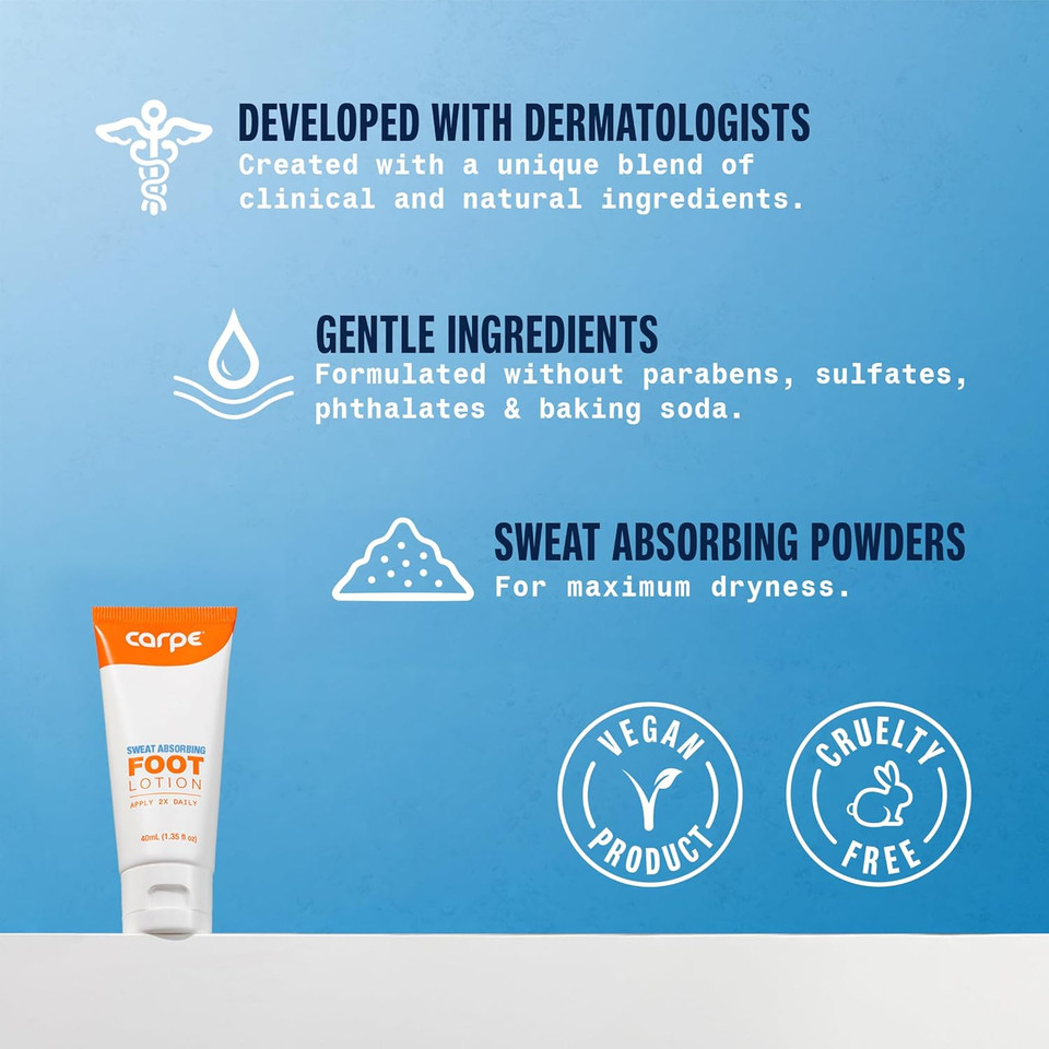 Carpe Sweat Absorbing Foot Lotion, A Dermatologist-Recommended Solution To Stop Sweaty, Smelly Feet, Helps Prevent Blisters, Great For Hyperhidrosis