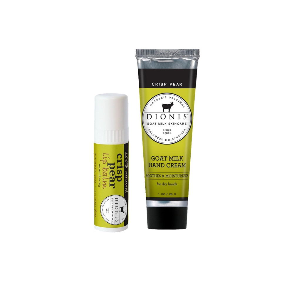 Dionis Goat Milk Skincare Crisp Pear Scented Hand Cream & Lip Balm Set (1 Oz And .28 Oz) - Safe For Sensitive Skin, Soothes Chapped Lips And Dry Skin, Cruelty-Free And Paraben-Free