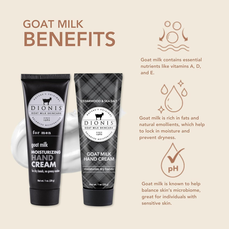 Dionis Goat Milk Skincare Hand Cream Set Of 2 - Cruelty Free, Paraben Free Travel Size Moisturizer Duo, Men'S Fresh And Cedarwood & Sea Salt Scented 1Oz Mini Lotions For Dry Hands In A Gift Box