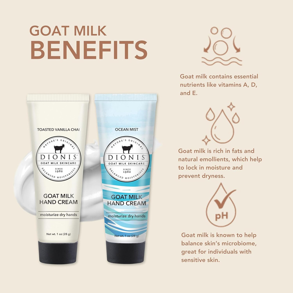 Dionis Goat Milk Skincare Hand Cream Set Of 2 - Cruelty Free, Paraben Free Travel Size Moisturizer Duo, Ocean Mist And Toasted Vanilla Chai Scented 1Oz Mini Lotions For Dry Hands In A Gift Box