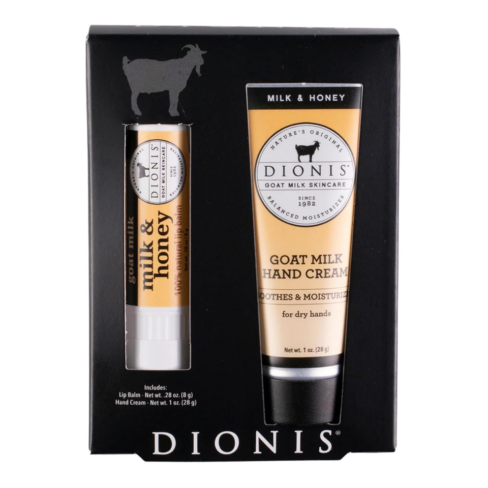 Dionis Goat Milk Skincare Milk & Honey Scented Hand Cream & Lip Balm Set (1 Oz And .28 Oz) - Safe For Sensitive Skin, Soothes Chapped Lips And Dry Skin, Cruelty-Free And Paraben-Free