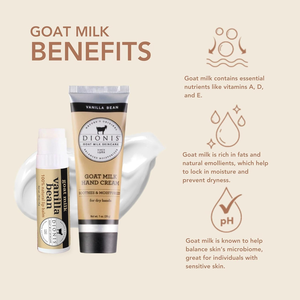 Dionis Goat Milk Skincare Vanilla Bean Scented Hand Cream & Lip Balm Set (1 Oz And .28 Oz) - Safe For Sensitive Skin, Soothes Chapped Lips And Dry Skin, Cruelty-Free And Paraben-Free