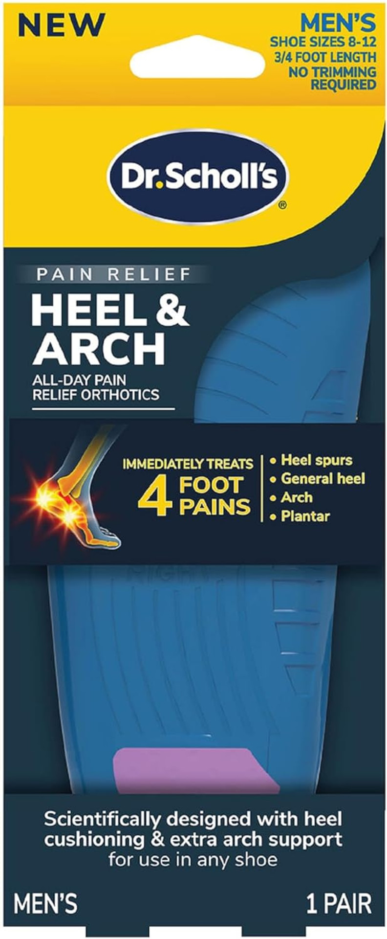 Dr. Scholl'S® Heel & Arch All-Day Pain Relief Orthotics, Men'S 8-12, 1 Pair, 3/4 Length