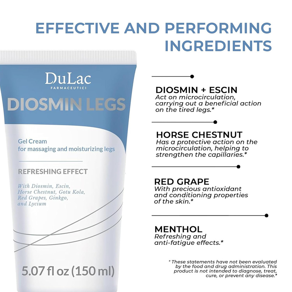 Dulàc - Diosmin Legs 5.07 Fl Oz - Varicose Veins Treatment For Legs, Gel Cream For Circulation And Spider Veins, Cooling Effect Diosmin And Horse Chestnut Cream For Leg Swelling Relief
