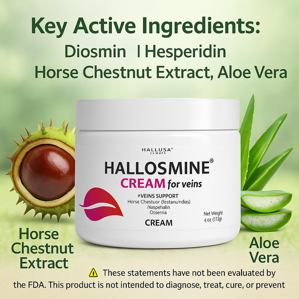 Hallosmine Cream For Veins, Diosmin Hesperedin + Horse Chestnut + Aloe Vera, Varicose Veins Cream, Spider Veins For Legs, Diosmin Circulation Supplement, Heavy Legs - Use Twice A Day (04 Oz, 112G)