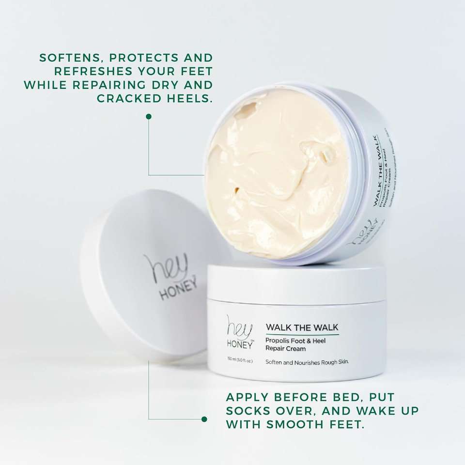 Hey Honey Walk The Walk Propolis Foot & Heel Cream For Dry, Cracked Feet | 72-Hour Hydration, Callus Remover & Odor-Fighting Moisturizer With Honey & Urea | 5 Oz