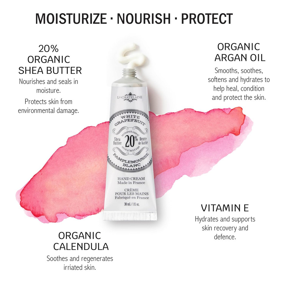 La Chatelaine 20% Shea Butter Hand Cream Travel Size, Organic Argan Oil, Moisturizing, Nourishing, Repairing, Extra-Rich Hand Lotion, Made In France, Paraben Free, 1 Oz / 30Ml (White Grapefruit) La Chatelaine 20% Shea Butter Hand Cream Travel Size, Organic Argan Oil, Moisturizing, Nourishing, Repairing, Extra-Rich Hand Lotion, Made In France, Paraben Free, 1 Oz / 30Ml (White Grapefruit)
