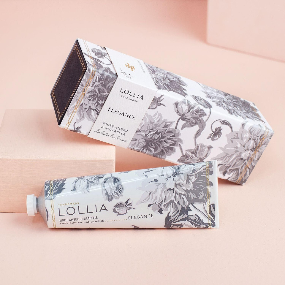 Lollia Elegance Handcreme, 4 Oz.  White Amber & Mirabelle  Scented Hand Cream For Women, Moisturizing Hand Lotion For Dry Hands, Shea Butter & Cocoa Butter, Quick Absorbing Lotion