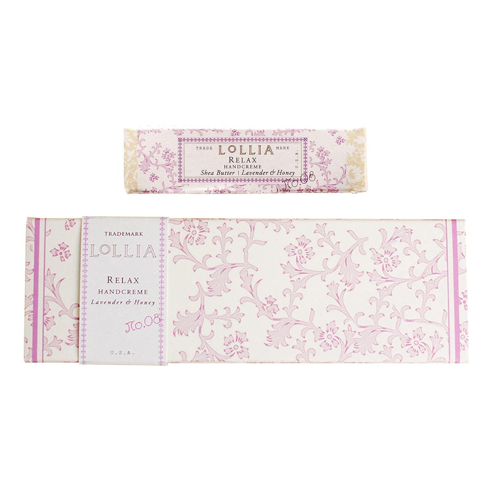 Lollia Relax Handcreme Bundle, 4 Oz. & .33 Oz.  Lavender & Honey  Scented Hand Cream For Women, Moisturizing Hand Lotion For Dry Hands, Shea & Cocoa Butter, Quick Absorbing Lotion, Travel Lotion