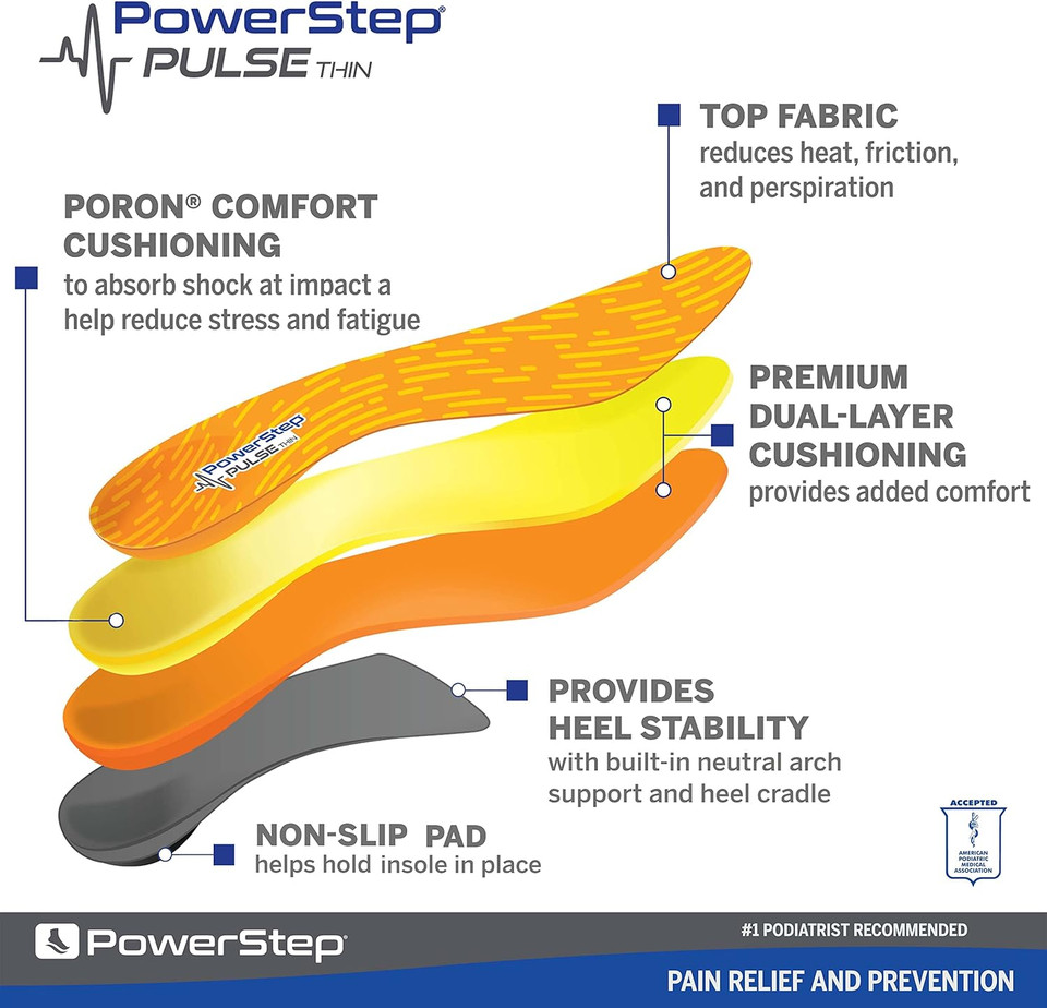 Powerstep Pulse Thin Orthotics, Arch Support Inserts, Pain Relief For Cleats & Tight Running Shoes, Insoles For Plantar Fasciitis Relief, Mild Pronation, Shin Splints, Unisex , Made In The Usa