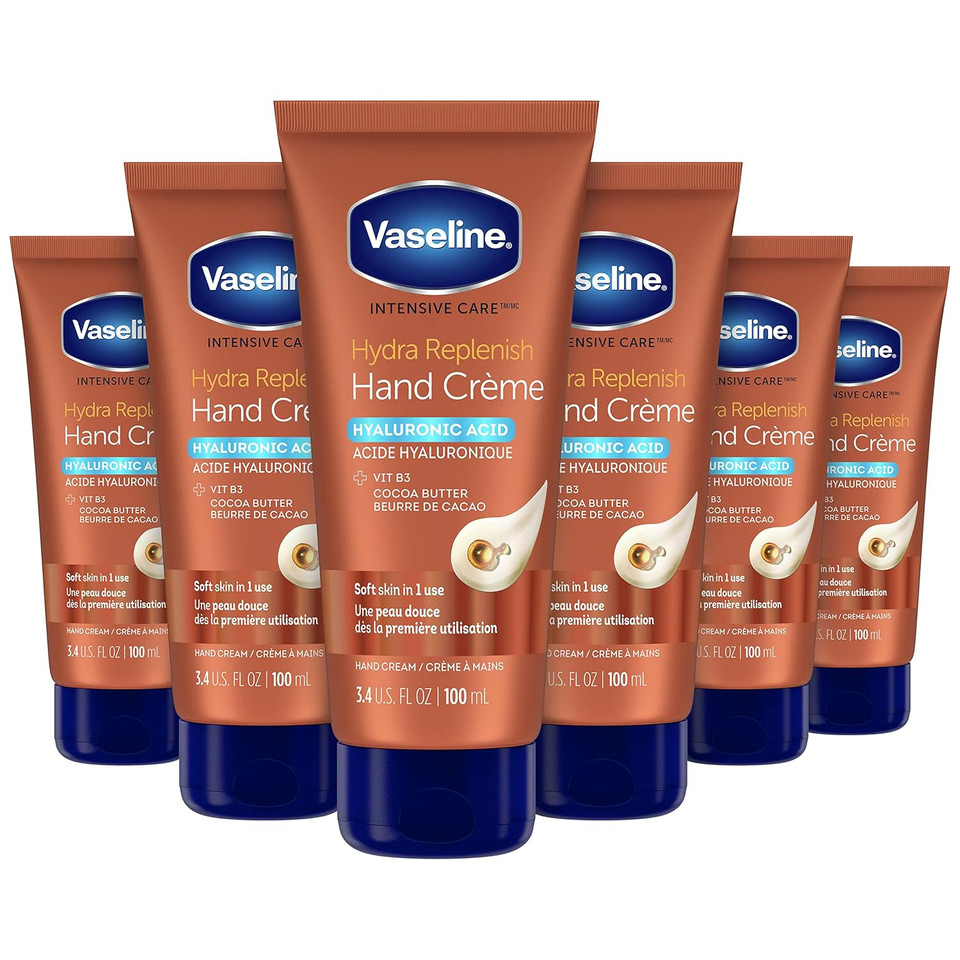 Vaseline Intensive Care Hand Crème Moisturizer For Dry Hands Hydra Replenish Made With Hyaluronic Acid, Vitamin B3, And Cocoa Butter 3.4 Oz 6 Count Vaseline Intensive Care Hand Crème Moisturizer For Dry Hands Hydra Replenish Made With Hyaluronic Acid, Vitamin B3, And Cocoa Butter 3.4 Oz 6 Count