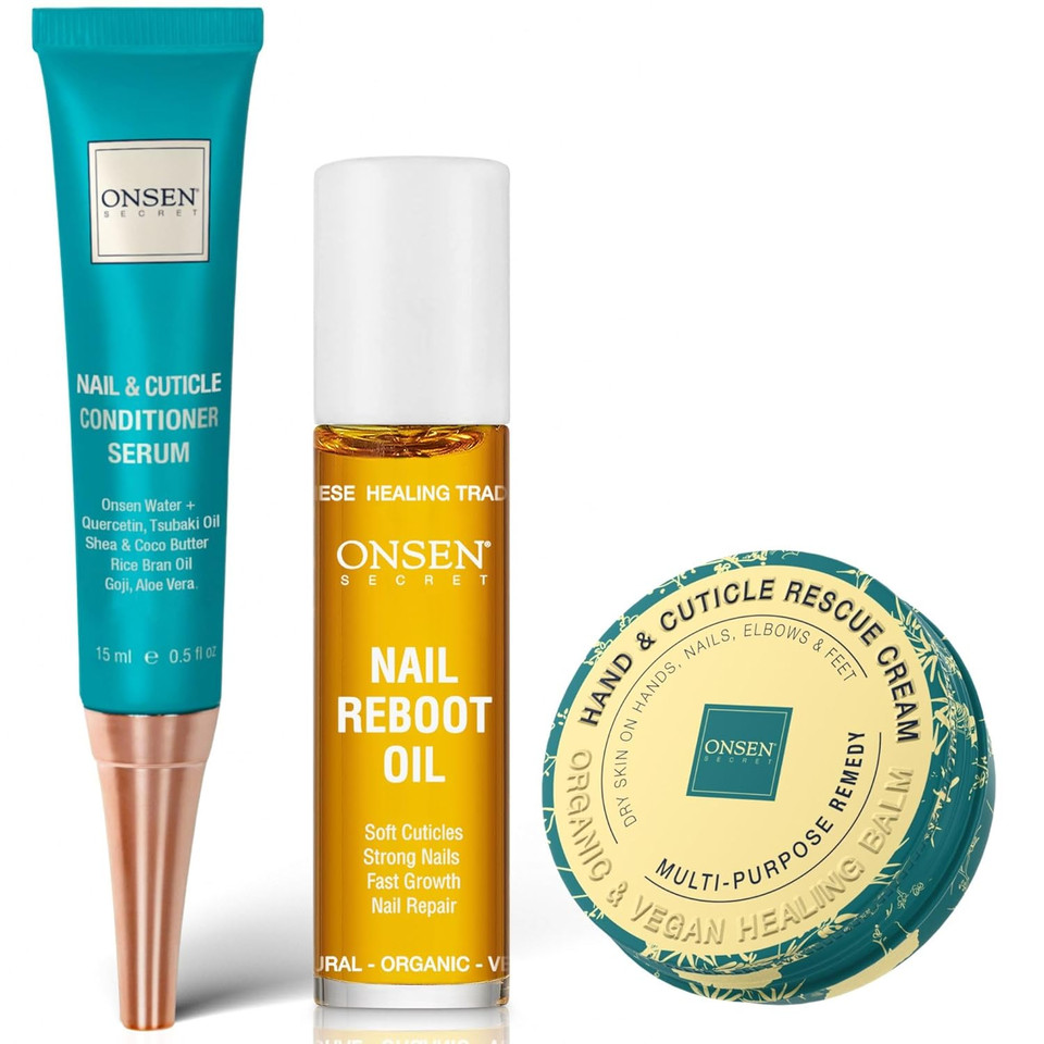Onsen Nail & Cuticle Rescue Kit  Conditioner Serum, Repair Oil & Cuticle Balm  Tsubaki, Shea Butter, Jojoba  Strengthens Nails, Softens Cuticles, Hydrates Skin (15Ml Serum + 10Ml Oil + 26Ml Cream)