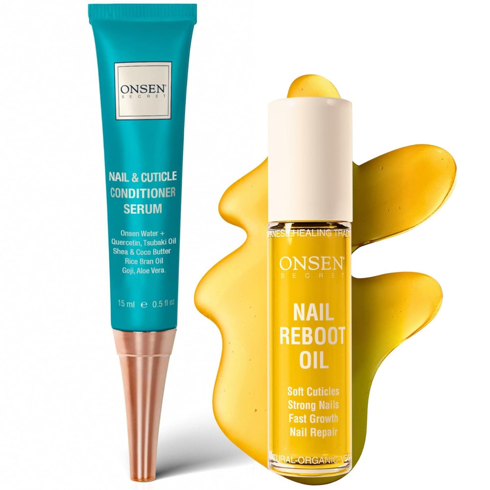 Onsen Secret Nail Reboot Duo - Treatment For Damaged Nails - Natural Nail Care & Cuticle Repair - Visible Results For Perfect Nails, Cuticle Conditioner Cream 15Ml & Nail Reboot Oil 10Ml